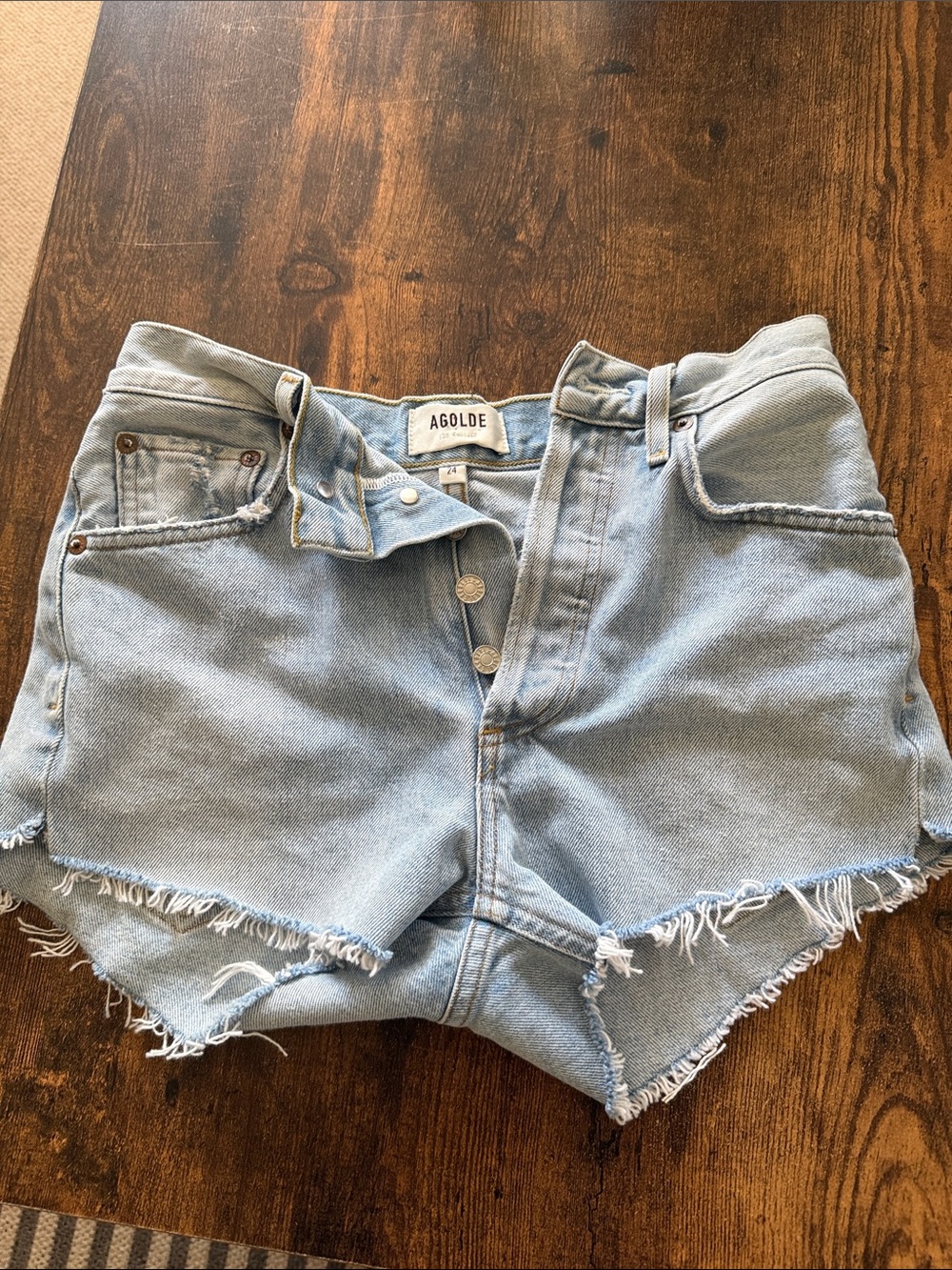 Agolde Light Wash High-Rise Frayed Denim Shorts Sz 24